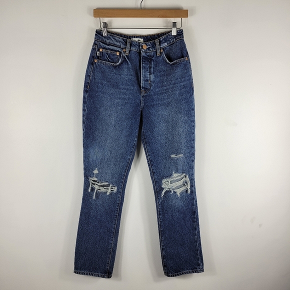 Lovers + Friends Reece Vera Cruz Distressed Button Fly Slim Straight Ankle Jeans - Picture 3 of 16